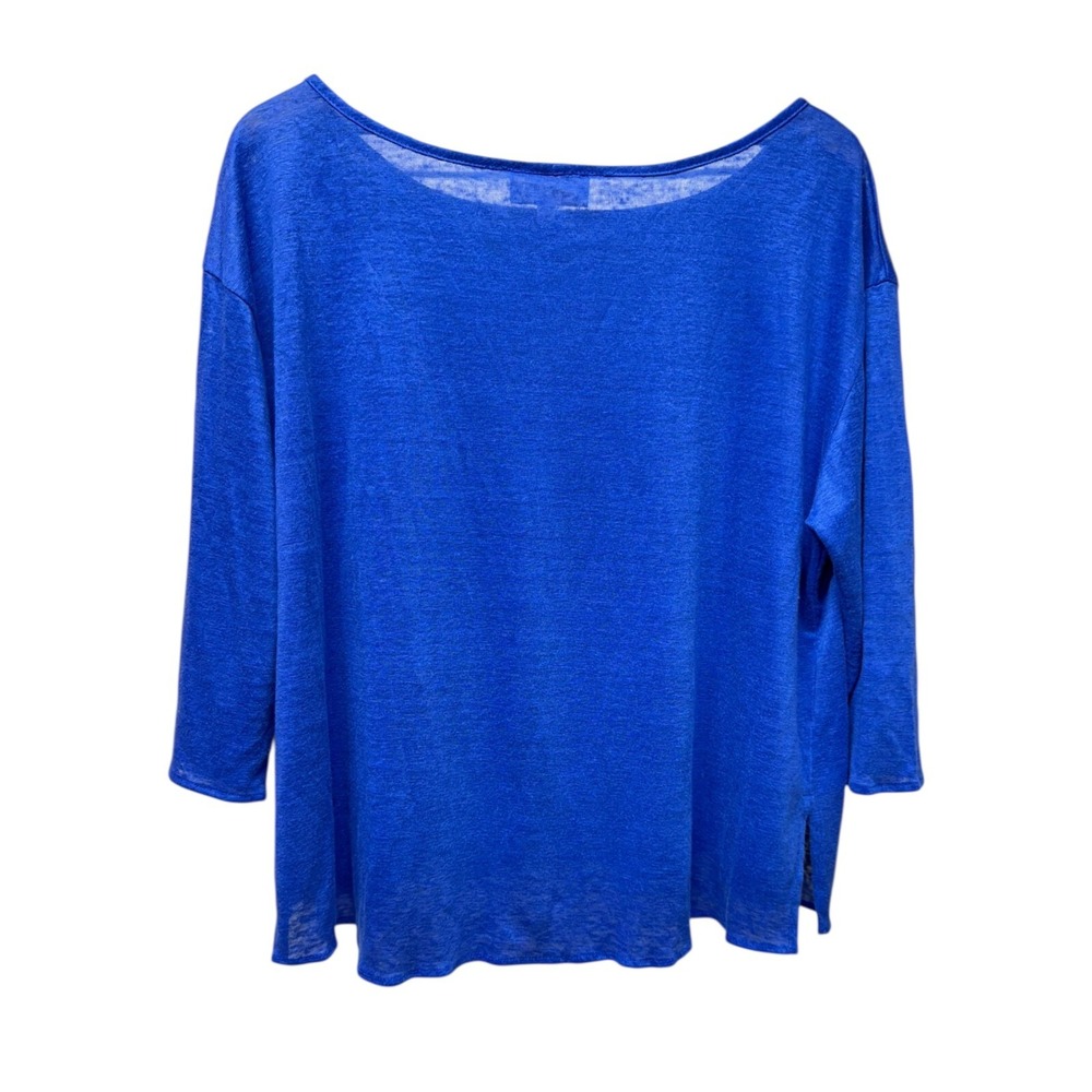 ALEXIS Linen Tee Shirt Sz S Oversized Blue 3/4 Sleeve Top Boat Neck Coastal - Picture 2 of 4